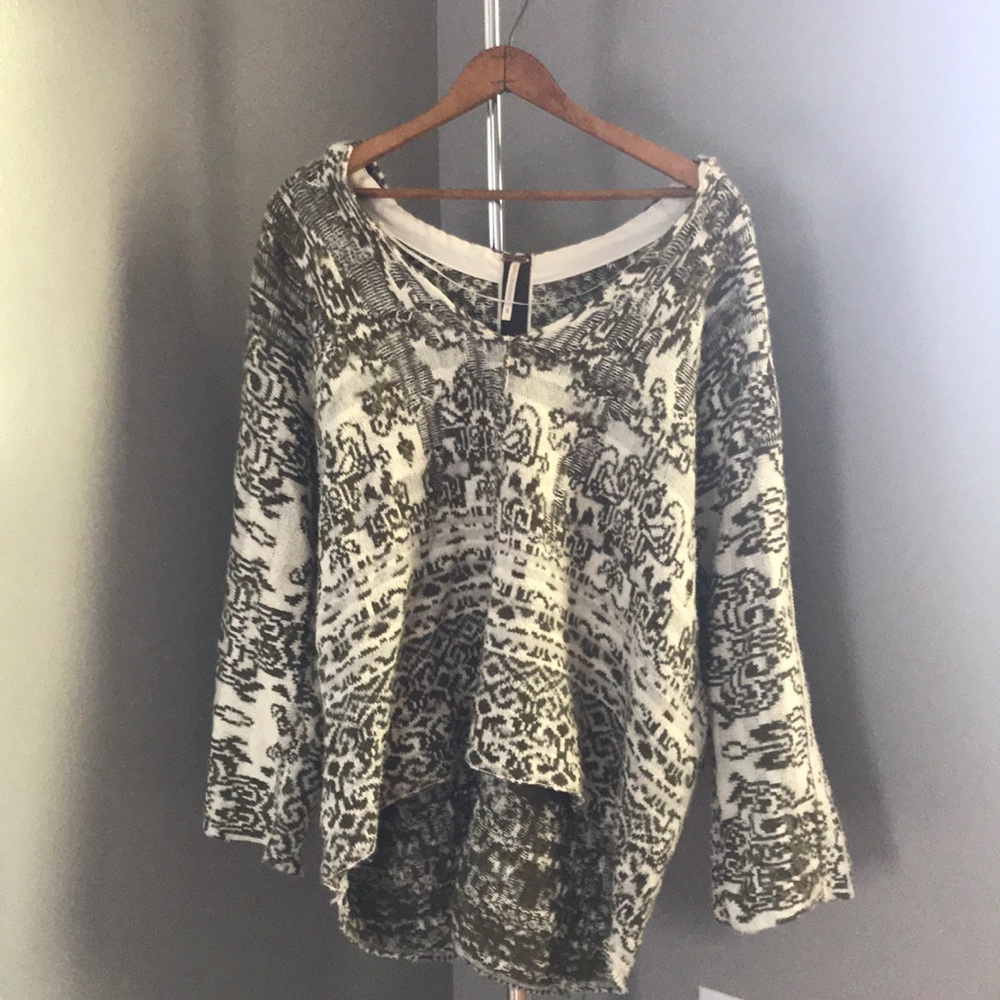 Free People Tribal Hooded Sweater (Beige/Brown, M)